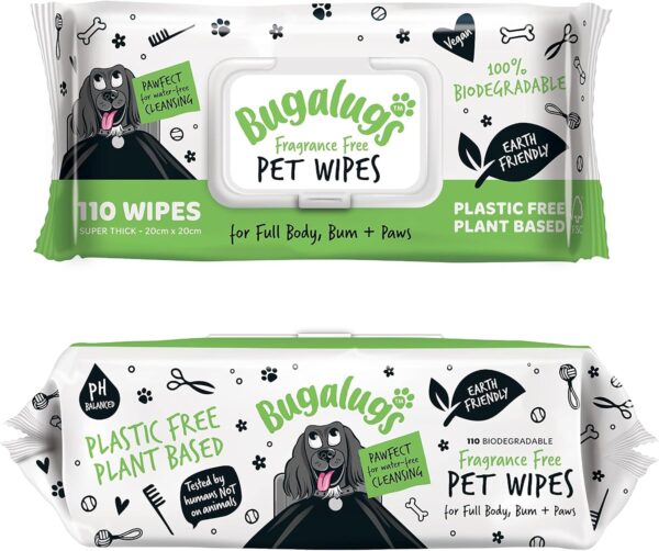 BUGALUGS Dog Wipes, 100% Plastic Free Biodegradable pet wipes for full body, eye wipes, ear wipes, bum & paws. 110 sensitive dog grooming wipes for dogs, puppy & cat grooming (Fragrance Free)