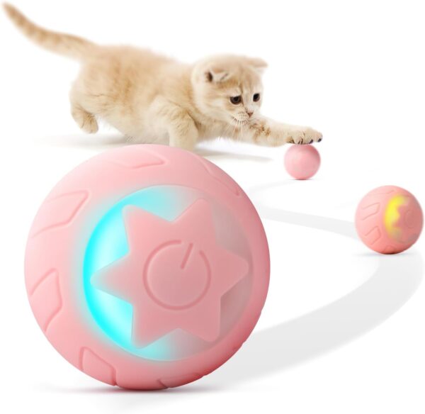 Baytion Interactive Cat Toy Ball, Cat Balls Automatic Moving Rolling Cat Toys for Indoor Cat Kitten, with 2 Modes, LED Lights Changeable, Type-C Rechargeable, Pink