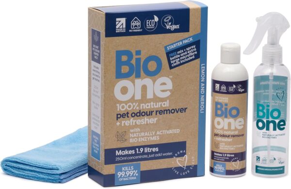 Bio One Enzyme Cleaner - Pet Odour Eliminator, Pet Urine and Pet Stain Remover - Kills Bacteria and Eliminates Pet Odours from Dog & Cat Urine, Faeces, Sick - Pet Carpet Cleaner, 250ml Concentrate