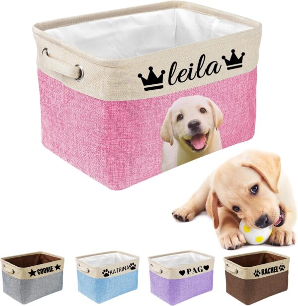 Buaodam Custom Collapsible Dog Toy Storage Basket Bin with Name,Personalized Cat Pet's Name Storage Box with Handles,for Organizing Dog Cat Clothes,Shoes,Pet Accessories,15"x9.45"x10.24",5 Colors