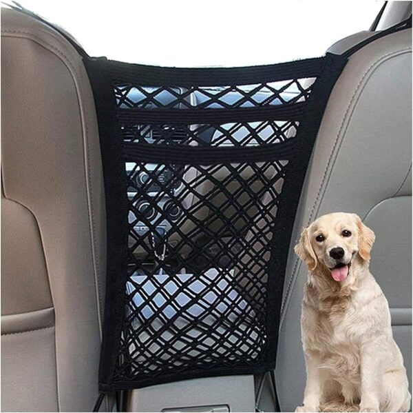 Candora Car Dog Guard Pet Barrier Dog Car Net Barrier with Auto Safety Mesh Organizer Stretchable Storage Bag Universal for Cars, SUVs,3 Layer Pet Dogs Car Driving Accessories Safety Travel