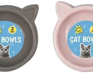 Cat Bowls - 2 Pack May Receive in Assorted Colors of Pink, Grey and Blue