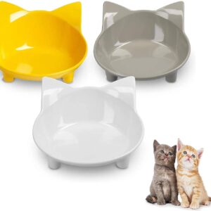 Cat Bowls, Anti-slip Multi-purpose Pet Feeding Bowl, Cat Food Bowl with Non Slip Rubber for Relief of Whisker Fatigue, Set of 3 - Grey, white and yellow