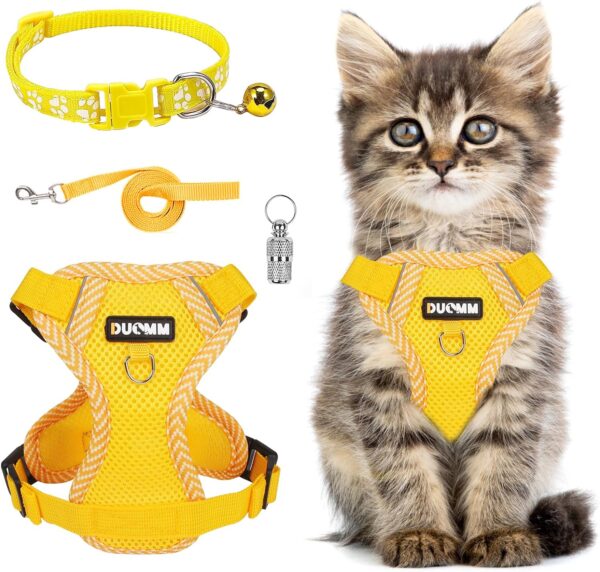 Cat Harness and Lead Set,Adjustable Kitten Harness with Collar Pendant, Mesh Cat Lead Harness with Reflective Strips Escape-Proof for Large Medium Small Cats Dogs Pets Walking(Yellow S)