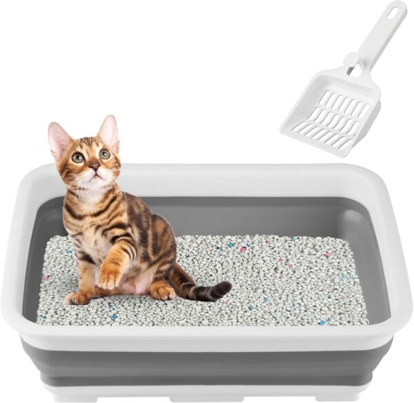 Cat Litter Box, Foldable Cat Litter Pan with Scooper Portable Travel Litter Boxes for Collapsible Cat Litterbox Toilet Poop Tray for Indoor Cats Kittens Small Pets Kitty Supplies