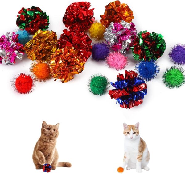 Cat Toys, 20 Pcs Kitten Toys Sets Bite Resistant Pompoms Cat Crinkle Toys Colorful Bell Paper Balls, Cat Interactive Toys Plush Balls Cat Crinkle Balls for Cat Relieve Boredom Reduce Stress Keep Fit