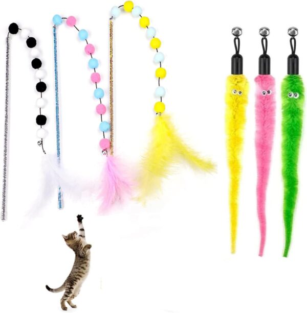 Cat Wand, 6Pcs Cat Toys,Interactive Cat Toys for Indoor Cats Adult Kitten Include Replacement Feathers 3Pcs,Cat Wand Toy Set Retractable Interactive Cat Wand Rod Colourful Refills