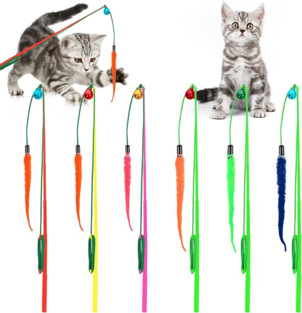 Cobee Cat Feather Toys, 6 Pcs Cat Feather Wands Interactive Worm Teaser Toy for Indoor Outdoor, Cat Interactive Wand Toys with Worm Refills and Cat Bells, Cat Kitten Wire Chaser Fun Toys