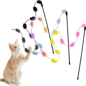 Cobee Cat String Toys, 3 Pack Interactive Cat Teaser Wand String Toys Colorful Ribbon Charmer with Furry Plush Balls for Kittens Stick Cat Toys for Indoor, Cats to Play Chase Exercise