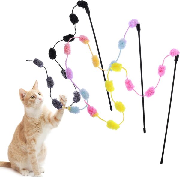 Cobee Cat String Toys, 3 Pack Interactive Cat Teaser Wand String Toys Colorful Ribbon Charmer with Furry Plush Balls for Kittens Stick Cat Toys for Indoor, Cats to Play Chase Exercise