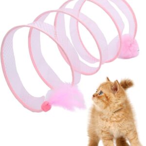 Collapsible Cat Tunnel for Indoor Cats, Cat Tube Tunnel Pet Interactive Play Toy with Feather Sisal Ball Springs Exercise Toys for Kitten Small Animals Pink