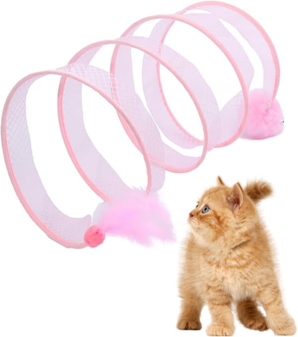 Collapsible Cat Tunnel for Indoor Cats, Cat Tube Tunnel Pet Interactive Play Toy with Feather Sisal Ball Springs Exercise Toys for Kitten Small Animals Pink