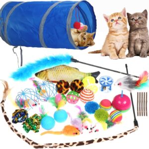 Coolty 31pcs Cat Toys Cat Kitten Interactive Toys Set Collapsible Cat Tunnel Cat Teaser Wand Mouse Cat Toy Cat Bell Ball Cat Ball