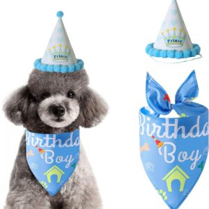 Dog Birthday Bandana Hat Kit,Triangle Cotton Dog Scarf with Cute Birthday Boy/Girl Decorations,Puppy Birthday Party Hat Set Dog Birthday Cake Outfit Gift/Pet Party Supplies Accessories(Blue)