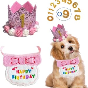 Dog Birthday Hat and Bandana, Pet Cat Dog Birthday Crown Hat and Scarf with 0-9 Figures Charms Party Accessories for Small Medium Puppy Kitten (A Pink)