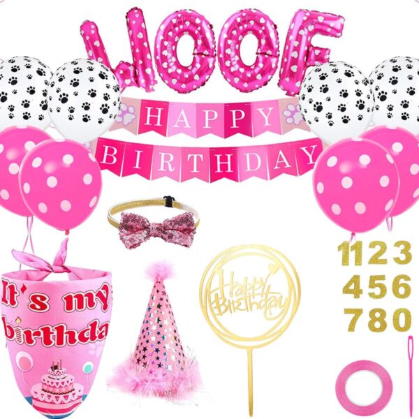 Dog Birthday Party Supplies - Plaid Dog Birthday Hat, Banner, Bowtie, and WOOF Balloons (Pink)