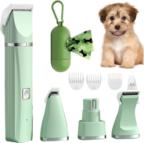 Dog Cat Clippers Grooming Kit Low Noise with 4 Replaceable Cutter Head attachments with Dog Poop Bags & Dispenser USB Rechargeable Cordless Pet Clippers