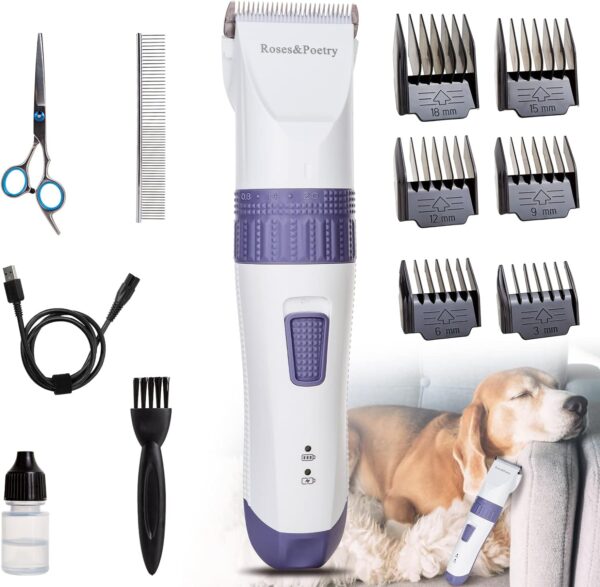 Dog Clippers,Dog Grooming Kit (Upgrade),Roses&Poetry Cordless Dog Grooming Clippers & Pets Hair Trimmers Tools,Rechargeable Low Noise & Suitable for Dogs,Cats and Other Pets with LED Display