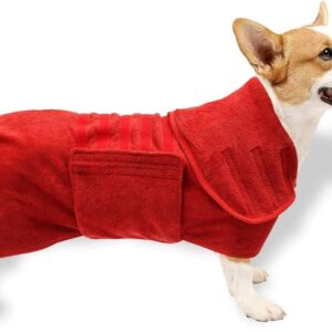 Dog Drying Coat Robe Towel, Dog Bathrobe, Absorb Moisture and Dry Pet Quickly, Puppy towelling Bathing Accessories, Adjustable Collar and Waist, Dog 51cm Back Length for Medium Dog