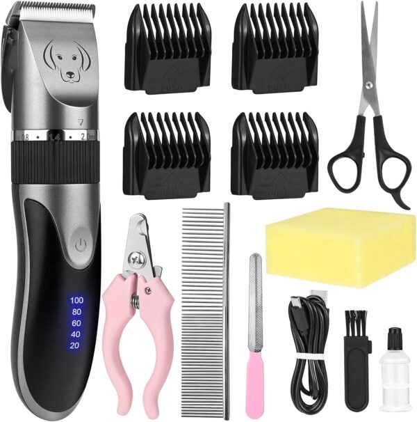 Dog Grooming Kit, Pet Clipper Shaver with LED Display, USB Rechargeable Cordless Dog Grooming Kit, Professional for Thick Coats, Low Noise, Dog Clippers with 4 Combs for Cats, and Other Pets