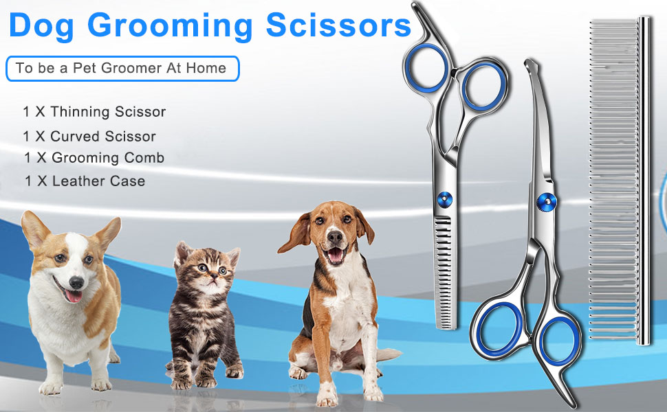 Dog Grooming Scissors, Jiasoval 4-in-1 Dog Grooming Kit with Safety Round Tip