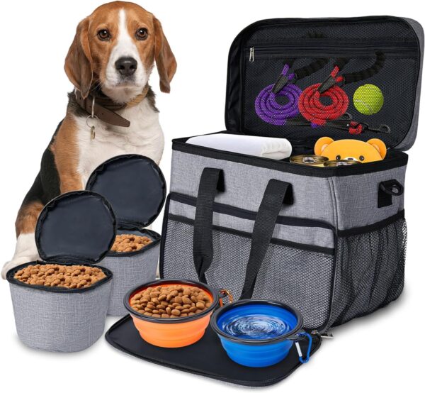 Dog Travel Bag Pet Large Travel Bag Tote Organizer with 2 Dog Food Container, 2 Collapsible Bowls for Road Trips, Camping, Hiking, Beach, RV or Weekend Away