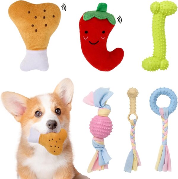 Fadcaer 6 Pcs Puppy Toys for Teething Small Dogs,Puppy Chew Rope Toys,Squeaky Plush Puppy Toys,Rubber Dog Toys,Interactive Pet Toys for Small Dogs Puppy Training