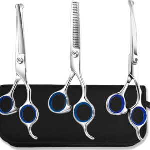 Fahibin 3pcs Curved Shears Dog Scissors Set, Professional Dog Grooming Scissors Kit,Thinning Shears Grooming Comb Pet with Safety Round Tips for Your Dog or Cat