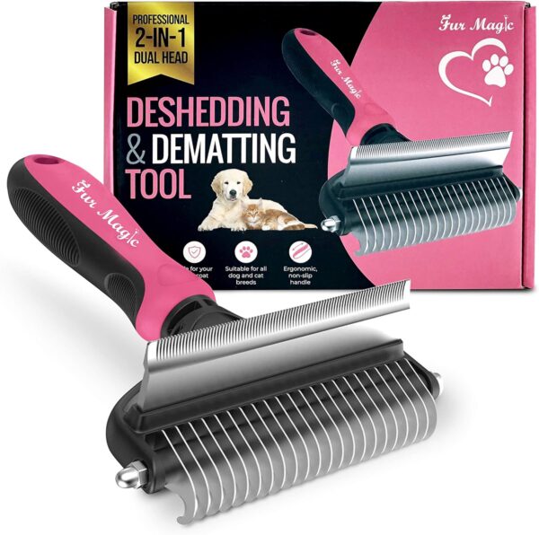 Fur Magic Deshedding and Dematting Tool – 2-in-1 Double-Sided Dog Grooming Brush for Long, Medium, Short Hair – Removes Knots, Loose Undercoat, Mats – Professional Pet Brush for Grooming Cats, Dogs