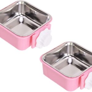 Fuwok 2-IN-1 Removable Dog Bowl for Crates Puppy Food Feeder Water Dish with Bolt Holder Stainless Steel Pet Hanging Bowl Food Water Bowl 2Pcs/Set (Small - Square, Pink)