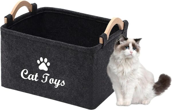 Geyecete Cat Toys Storage Bins - with Wooden Handle, Pet supplies storage Basket/Bin Kids Toy Chest Storage Trunk C705-Cat (Dark Grey)