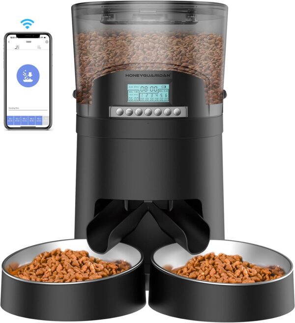 HoneyGuaridan 4.5L Automatic Cat Feeder, 2.4G Wi-Fi Smart Pet Feeder with APP Control, Desiccant Bag, Voice Recorder and Dual Power Supply, Up to 6 Meals Per Day for Cats & Small/Medium Dogs (Black)