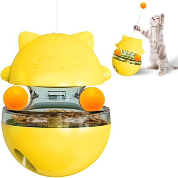 Interactive Cat Toys, Tumbler Kitten Creative Toys, Indoor Puzzle Snack Feeder Treat Dispenser with Cat Teaser & Rotating Track Ball, Funny Cat Toy for Small Large Cats Slow Feeding and Play (Yellow)