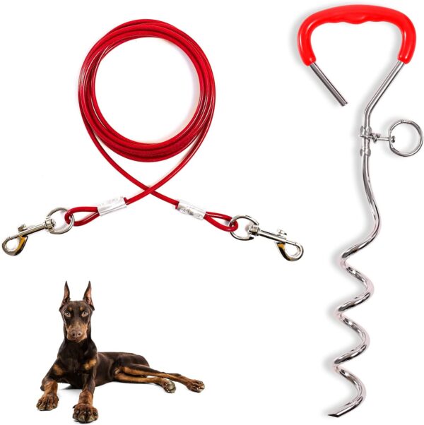 JETOP Heavy Duty Dog Stake & 10 ft Dog Chains, Steel Spiral Ground Dog Spike for Outdoor Yard and Camping, Dog Camping Accessories for Puppy Pet and Medium Dogs (176 lbs of pull) (Red)