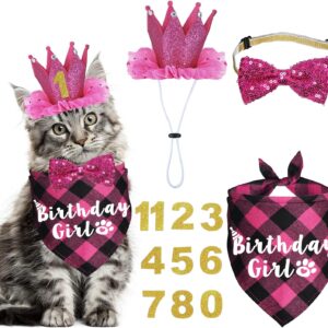 JOTFA Cat Birthday Party Supplies, Cat Birthday Outfits Cat Kitten Birthday Girl Bandanas with Cat Birthday Hat Crown Cat Bow Tie Birthday Number for Cat Kitten Birthday Decorations (Rose)