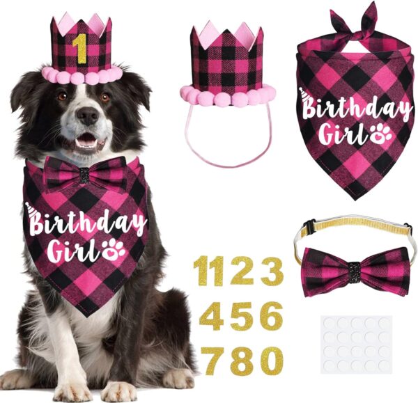 JOTFA Dog Birthday Party Supplies, Plaid Dog Birthday Bandana Girl with Dog Birthday Number Crown Hat Bowtie for Small Medium Dogs Birthday Outfit (Pink, Bandana & Hat & Bow Tie & Number)