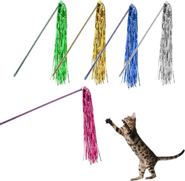 Jodsen Cat Toys Teaser Wand, 5 Pieces Interactive Kitten Toys Colorful Tassel Wands with Drill Ball and Bells, Fairy Ribbon Cat Wand for Cat Kitten Pet Hunting Exercise Training Playing Entertainment