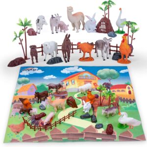 JoyKip Farm Domestic Animals Toys Set for Kids - Realistic Action Farmyard Livestock Figures with Play Mat - Educational Storytelling Party Favours for Boys and Girls Ages 3+