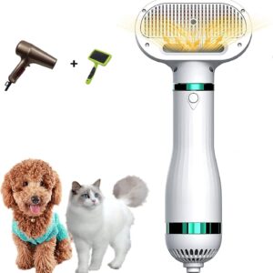 Kikuo Pet Dog Hair Dryer Comb, Upgraded 2-in-1 Pet Grooming Hair Dryer with Slicker Brush, One-Click Hair Removal, 3 Heat Settings, Portable Low Noise Blower Dryer for Dog Cat Clean Fur & Dirt