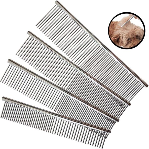 Kingrun Stainless Steel Pet Comb, 4 Pack Pet Grooming Steel Comb with Rounded Teeth, Metal Comb For Dogs, Cats and Other Pets with Tangled Short/Long Hair (16 x 2.5cm, 19 x 3cm, 19 x 4cm, 19 x 5cm)