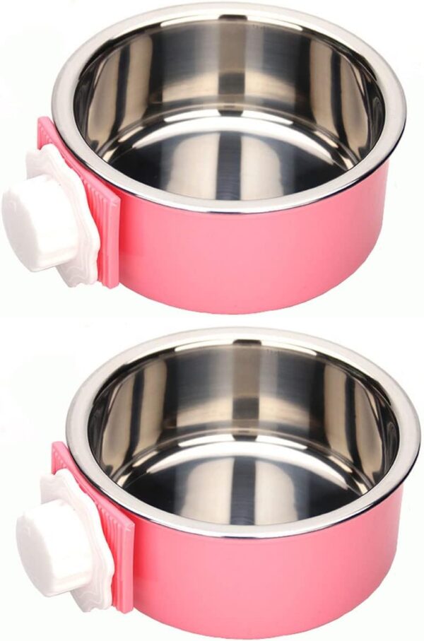 KuTi Kai 2 IN 1 Stainless Steel Pet Hanging Bowl Removable Dog Bowl for Crates Puppy Food Feeder Water Dish with Bolt Holder Dog Pink (Small-2-Pcs)