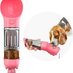 Kya Pet Products, Portable 4in1 Dog Water Bottle with Food Storage, Poop Bag Dispenser and Scoop Size-300ml, Colour-Pink