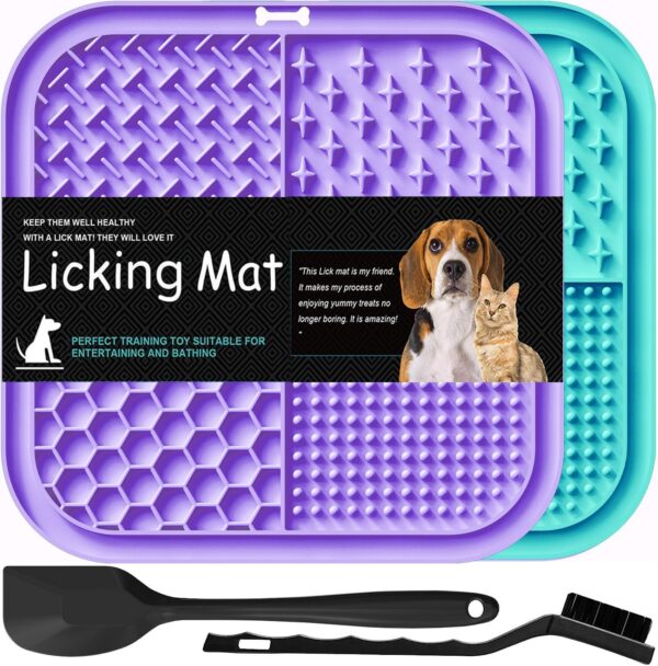 Lesipee Licking Mat for Dogs & Cats 2 Pack, Slow Feeder Lick Pat, Anxiety Relief Dog Toys Feeding Mat for Butter Yogurt Peanut, Pets Supplies Bathing Grooming Training Calming Mat (Cyan&Purple)