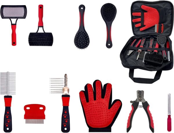 Masterclip Essentials Pet Grooming Set for Dogs Cats - Contains 8 Everyday Grooming Accessories; Dematting Comb, Nail Clippers, Nail Claw File, Double Sided Brushes & Comb, Grooming Glove & Flea Comb