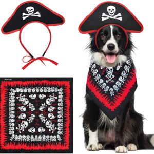 Midufrry 2PCS Pet Pirate Costume Halloween Dog Skull Bandana Hat Headband Puppy Captain Cap Pirates of The Caribbean Style Clothes Funny Outfits Accessories for Medium Large Dogs