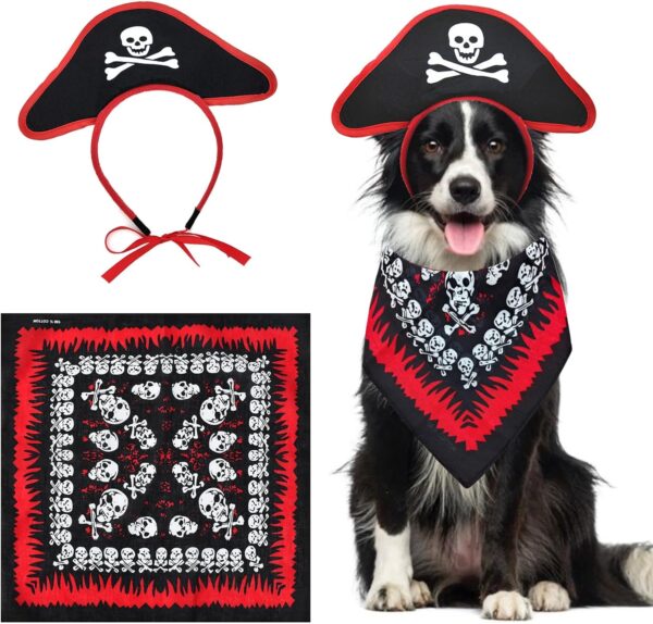 Midufrry 2PCS Pet Pirate Costume Halloween Dog Skull Bandana Hat Headband Puppy Captain Cap Pirates of The Caribbean Style Clothes Funny Outfits Accessories for Medium Large Dogs