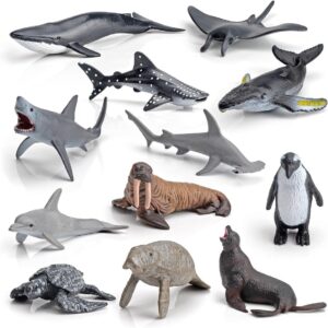 Morofme Mini Ocean Sea Animal Figurines Toys 12pcs Realistic Underwater Sea Creature Figures Arctic Ocean Sea Marine Animal Playset Cake Topper with Shark Whales Penguin Walruses Manatees Dolphin