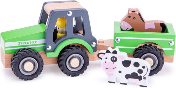 New Classic Toys 11941 Wooden Tractor with Trailer and Animals for Children 18 Months and Up Boys and Girls Baby Gifts, Green