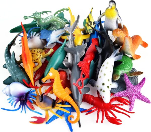 PLULON 32Pcs Sea Animal Figures Toys, Sea Creatures Animal Toys Kids' Play Figures Plastic Animals Cake Toppers for Kids Party Favor Supplies, Birthday Gifts