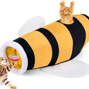 Pawaboo Cat Tunnel for Indoor Cat, Collapsible Cat Tube Tunnel Interactive Cat Toy Cat Play Tunnels with Bell Ball Crinkle Paper Peek Hole, Bee Theme Pet Tunnel Toy for Cat Kitten Kitty Puppy Rabbit